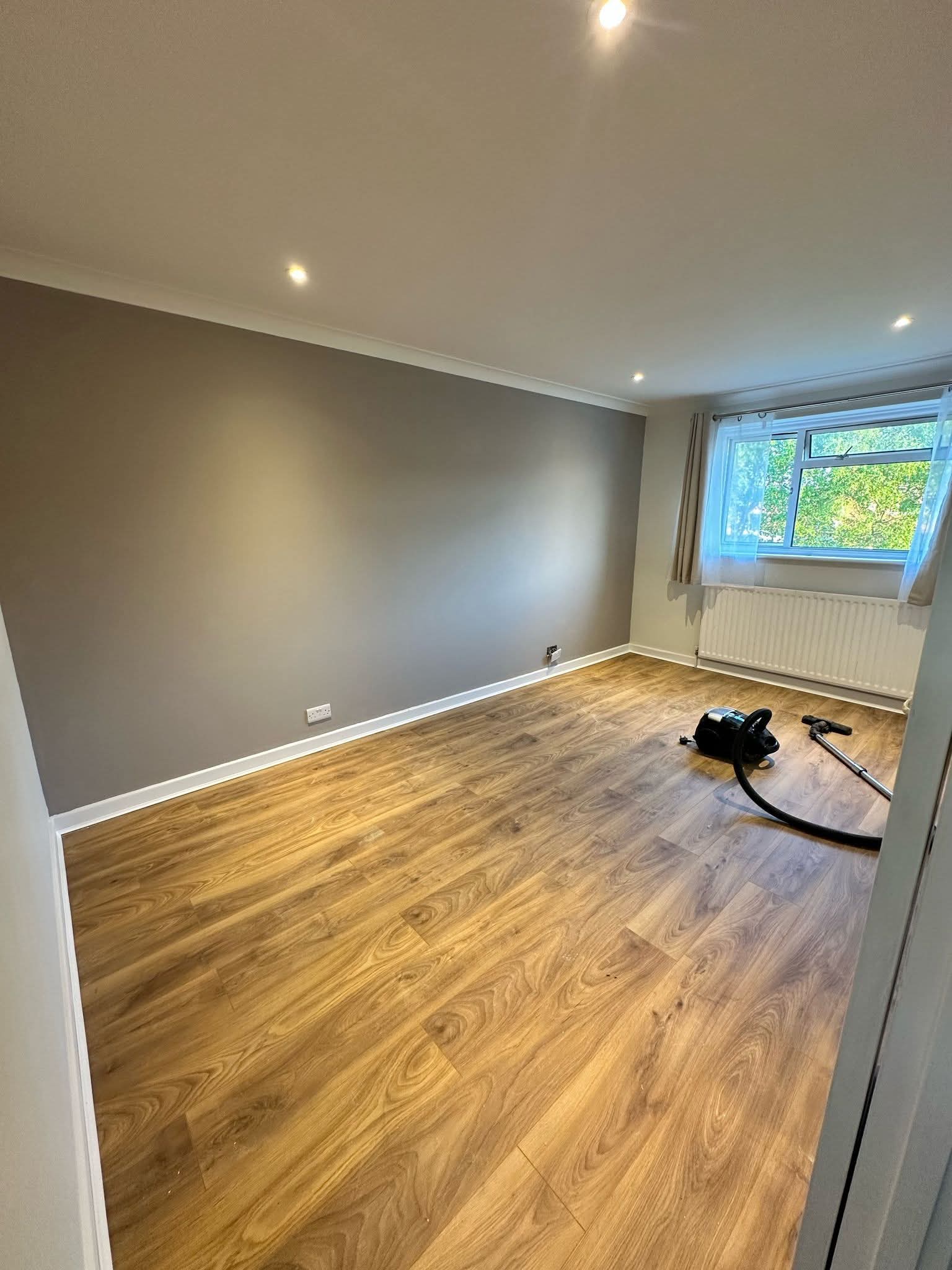 Haya UK gallery photograph of a grey painted room with wood-effect flooring and a bright window.